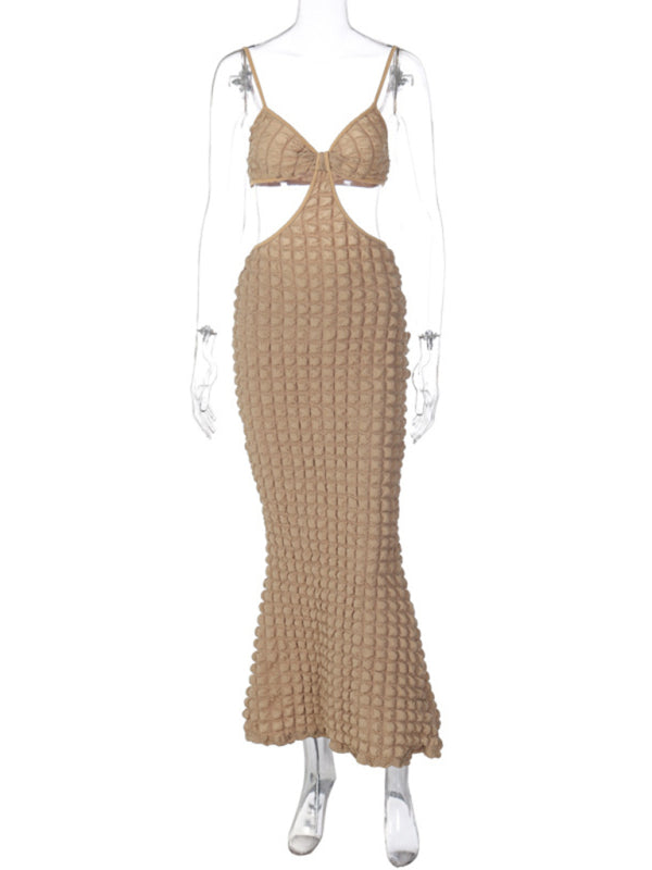 Women's Solid Color Suspender Hollow Slim Elegant Long Dress