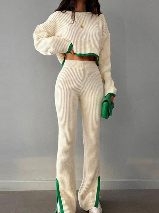 Contrasting color sweater slit elastic waist wide-leg pants two-piece set