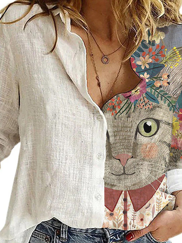 Printed animal and plant character long-sleeved shirt
