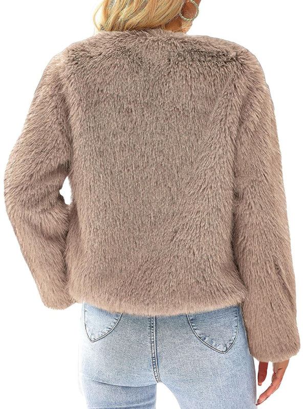 Women's Furry Multicolor Collarless Short Jacket