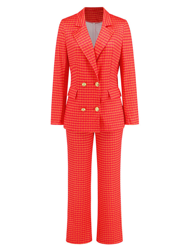 Women's houndstooth double-breasted suit and pants two-piece set