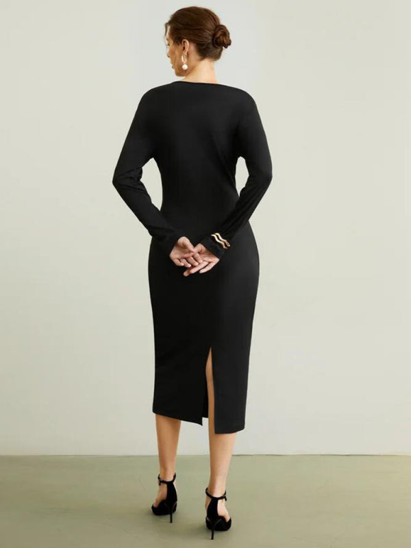 नई महिलाओं की बुना हुआ सेक्सी गोल गर्दन एक कदम लंबी स्कर्ट स्वभाव वाली पतली लंबी आस्तीन वाली पोशाक