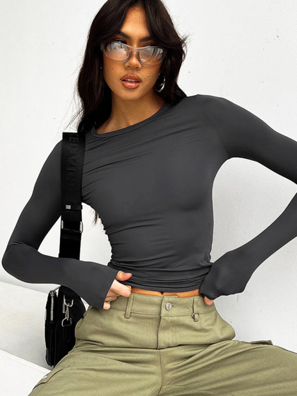 Women's round neck slim long sleeve solid color t-shirt