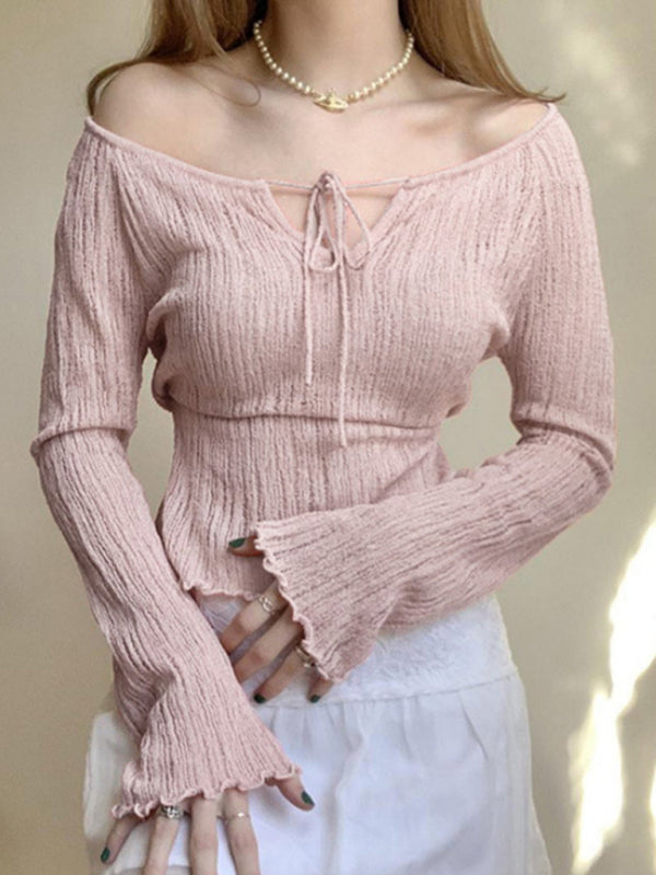 नया सुरुचिपूर्ण एक-कंधे वाला वी-गर्दन लेस-अप कंधे-लंबाई लंबी आस्तीन वाला मीठा फंगस-छंटनी वाला स्वेटर