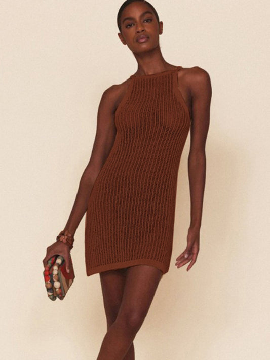 Hollow knitted dress with suspenders