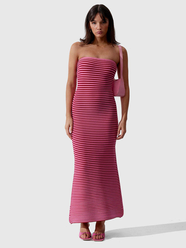 Tube top long knitted striped slim fit hip-hugging dress