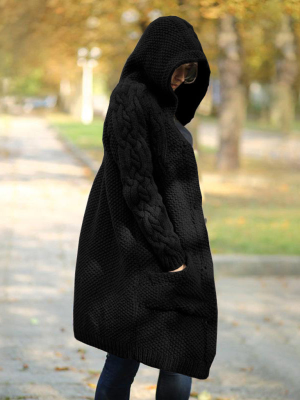 महिलाओं का हुड वाला सिंगल ब्रेस्टेड लंबी आस्तीन वाला स्वेटर कार्डिगन