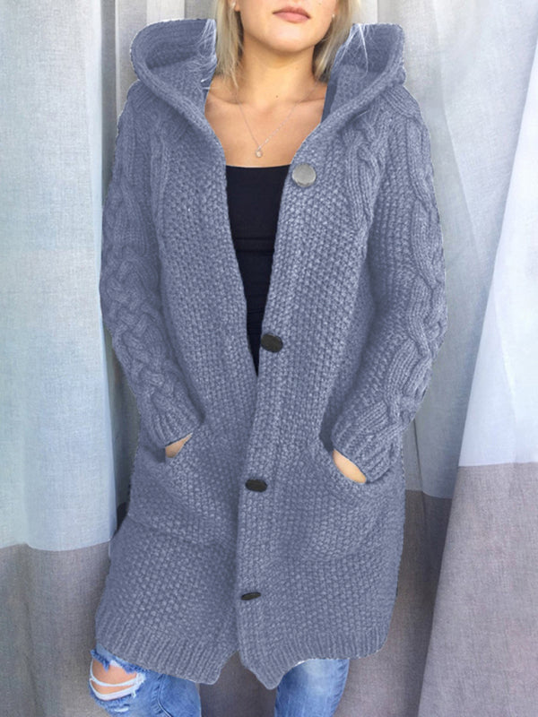 महिलाओं का हुड वाला सिंगल ब्रेस्टेड लंबी आस्तीन वाला स्वेटर कार्डिगन