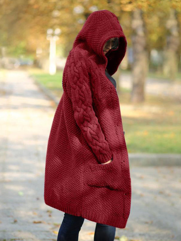 Women's hooded single-breasted long-sleeved sweater cardigan