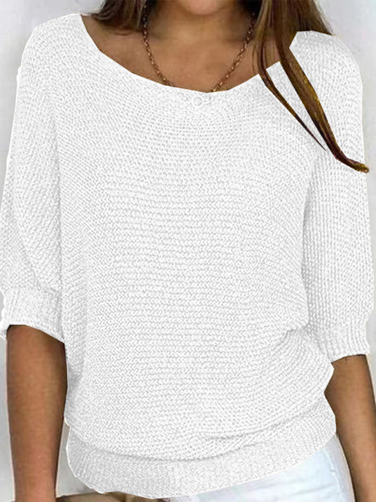 महिलाओं का गोल गले वाला तीन-चौथाई आस्तीन वाला बुना हुआ स्वेटर