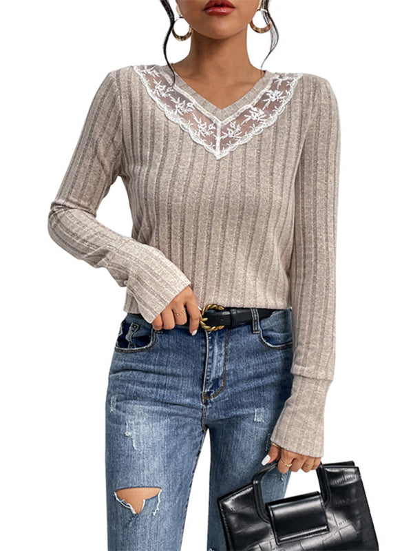 Women's solid color long sleeve v-neck sweater