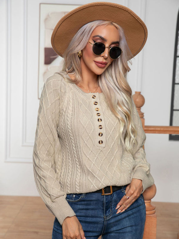 Women's Casual Button Twist Long Sleeve Pullover Sweater