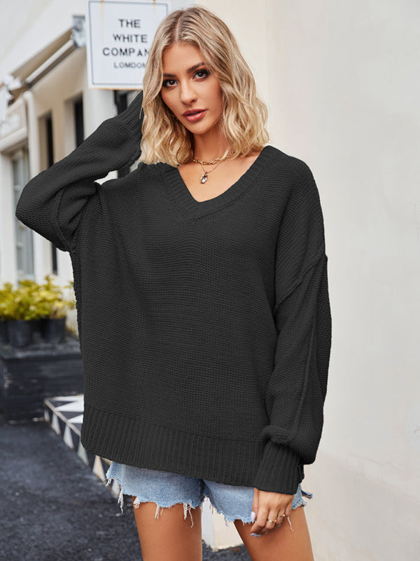 Women's V-neck loose pullover sweater