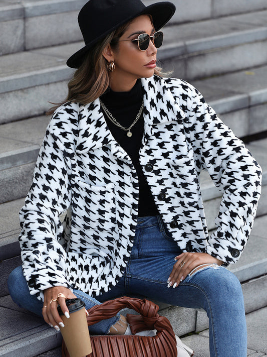 Women's Plush Long Sleeve Loose Houndstooth Jacket