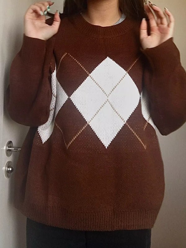 महिलाओं का नया डायमंड चेक ढीला स्वेटर स्वेटर