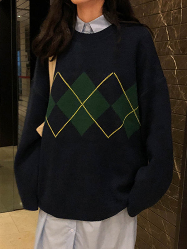 महिलाओं का नया डायमंड चेक ढीला स्वेटर स्वेटर