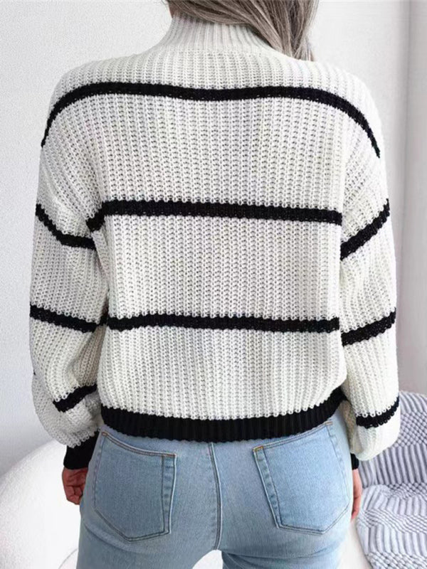 महिलाओं का कैज़ुअल स्ट्राइप्ड बैलून स्लीव टर्टलनेक स्वेटर