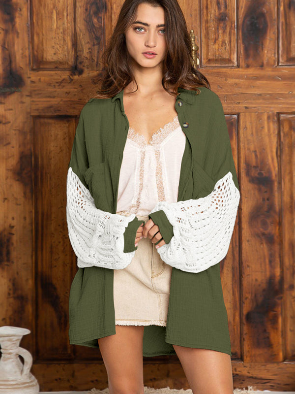 Women's casual knitted patchwork long sleeve shirt