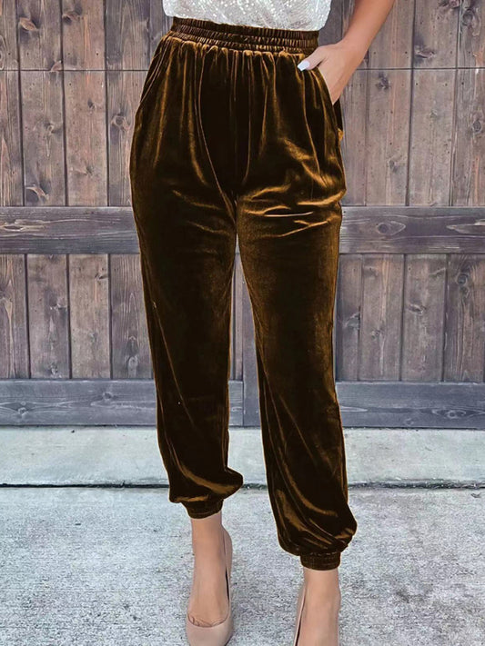 Women's solid color elastic waist straight casual pants