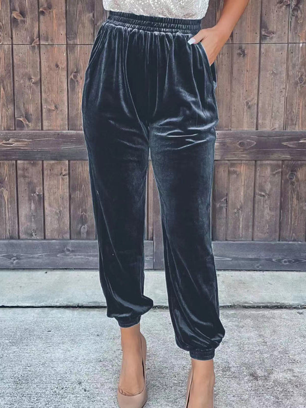 Women's solid color elastic waist straight casual pants