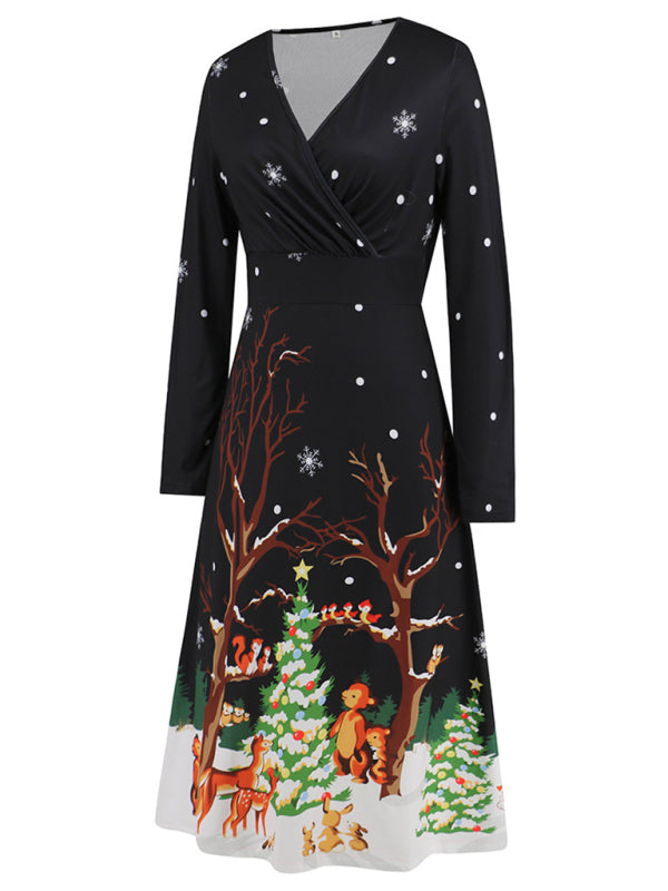 Women's Christmas V-neck Long Sleeve Christmas Print Dress