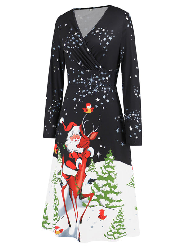 Women's Christmas V-neck Long Sleeve Christmas Print Dress