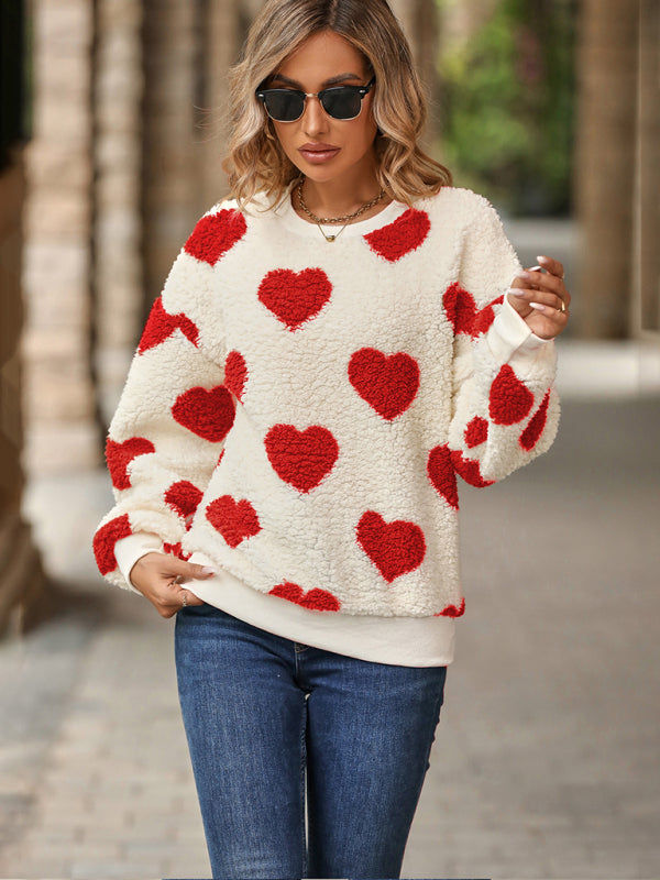 Women's Plush Love Print Loose Long Sleeve Round Neck Sweatshirt