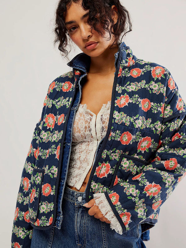Women's casual loose printed quilted jacket