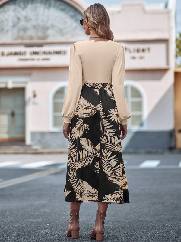 Women's printed patchwork V-neck tied waist long-sleeved dress