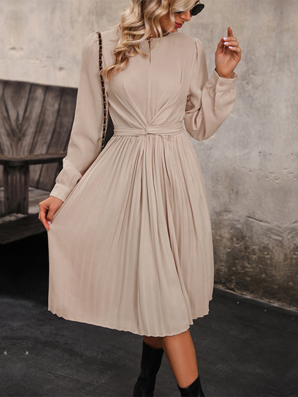 Women's long sleeve solid color pleated waist dress