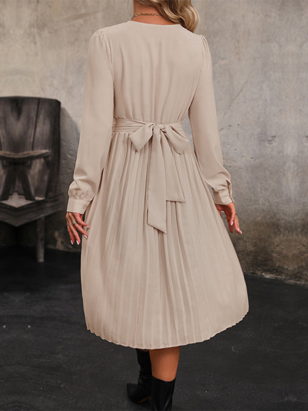Women's long sleeve solid color pleated waist dress
