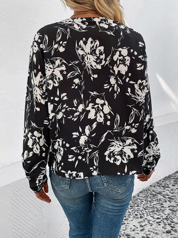 Women's black and white flower printed lapel long-sleeved shirt