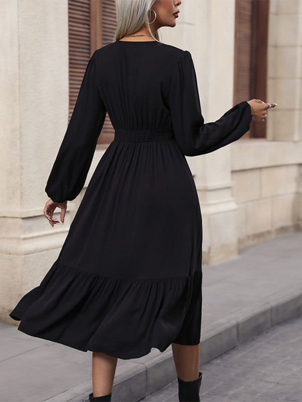 Women's long-sleeved solid color V-neck waist dress
