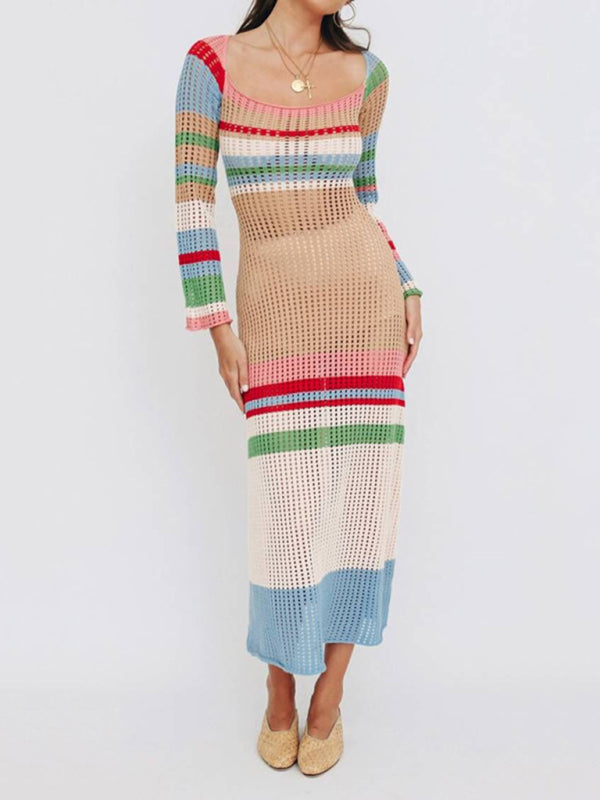 Colorful contrasting U-neck hollow long-sleeved knitted midi dress