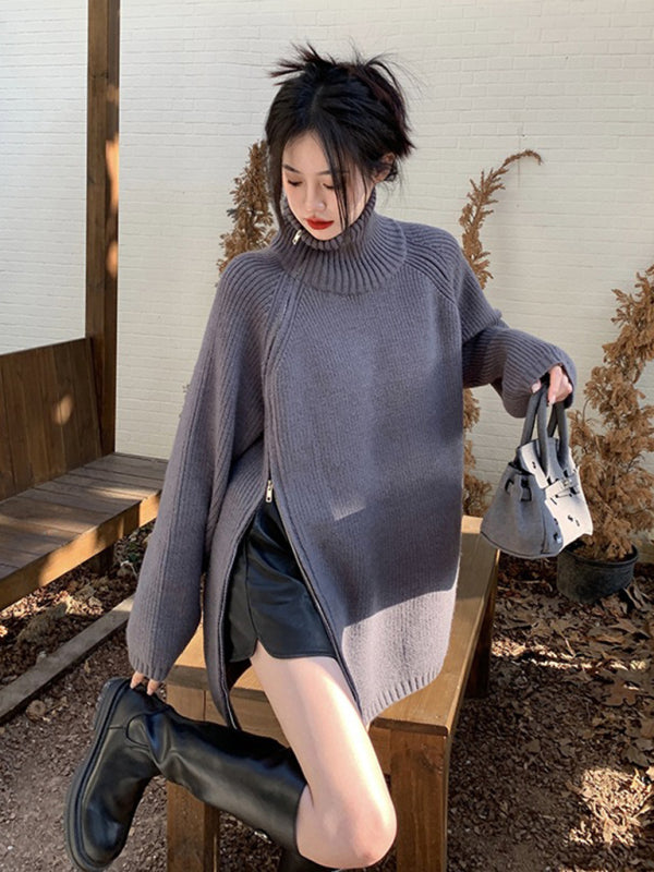 साइड ज़िपर डिज़ाइन के साथ महिलाओं का टर्टलनेक स्वेटर