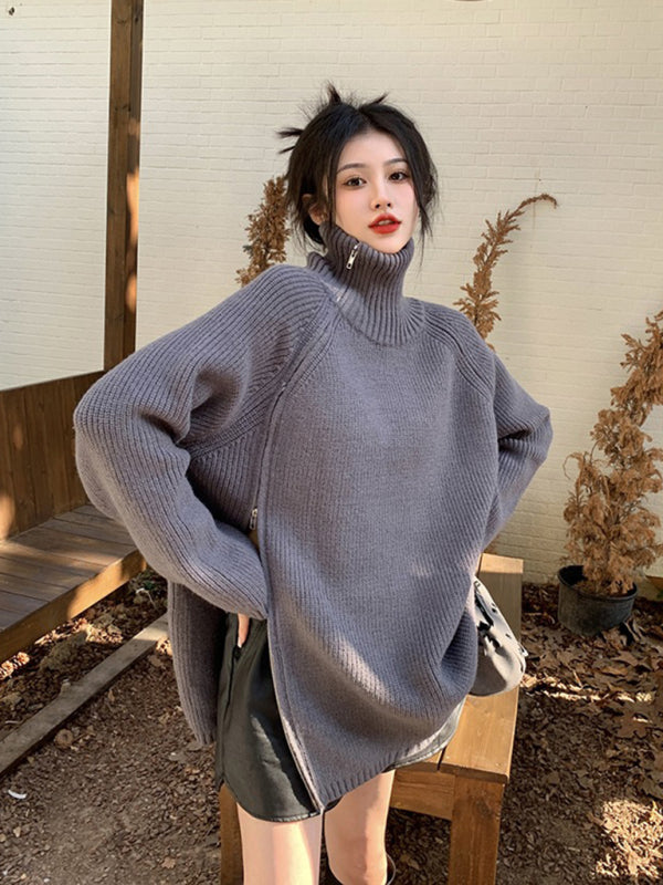 साइड ज़िपर डिज़ाइन के साथ महिलाओं का टर्टलनेक स्वेटर