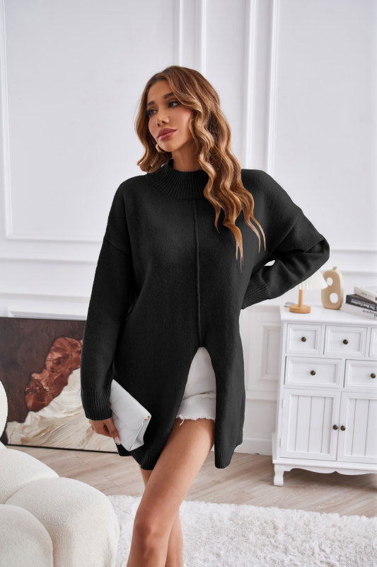 Women's half turtleneck slit pullover sweater