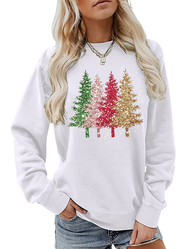 Round Neck Women's Long Sleeve Four Christmas Trees Long Sleeve Sweatshirt