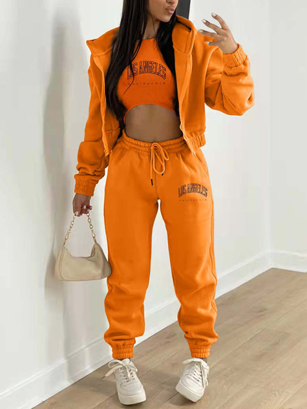 Letter printed hooded sports and leisure three-piece set