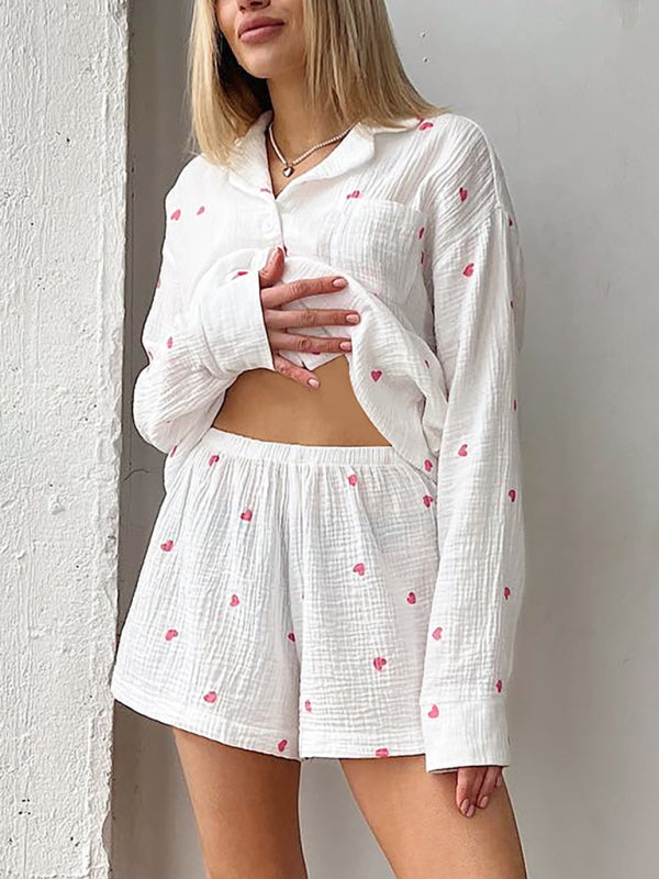 Heart long-sleeved tops and shorts two-piece casual set