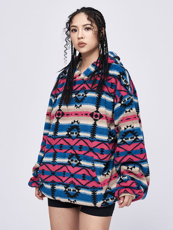Ethnic pattern loose teddy fur hoodie
