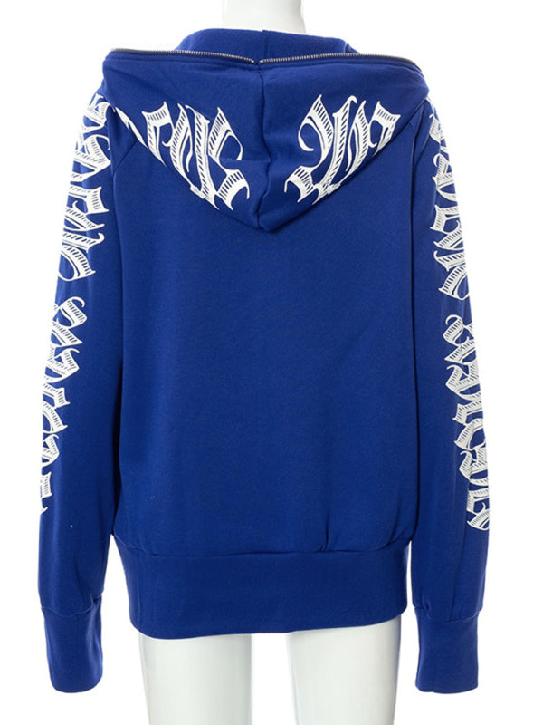 Zippered letter print hooded long-sleeved casual hoodie