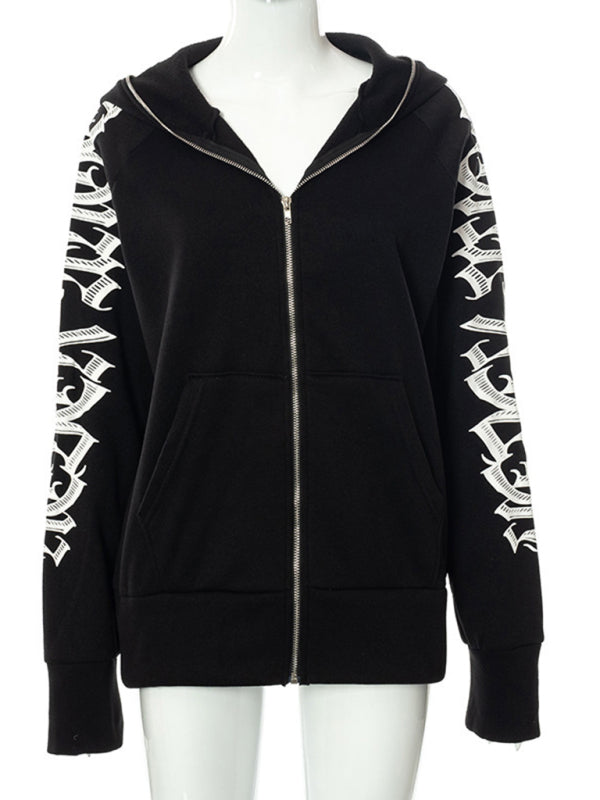 Zippered letter print hooded long-sleeved hoodie