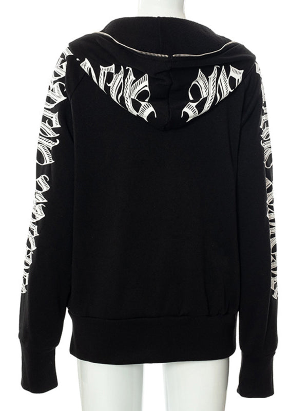 Zippered letter print hooded long-sleeved casual hoodie
