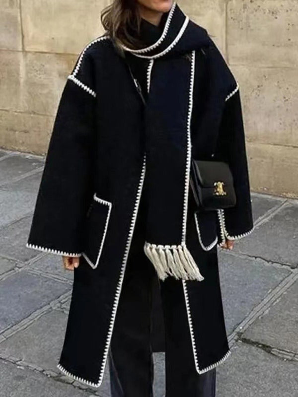 Women's double-sided long-sleeved scarf tassel windbreaker coat
