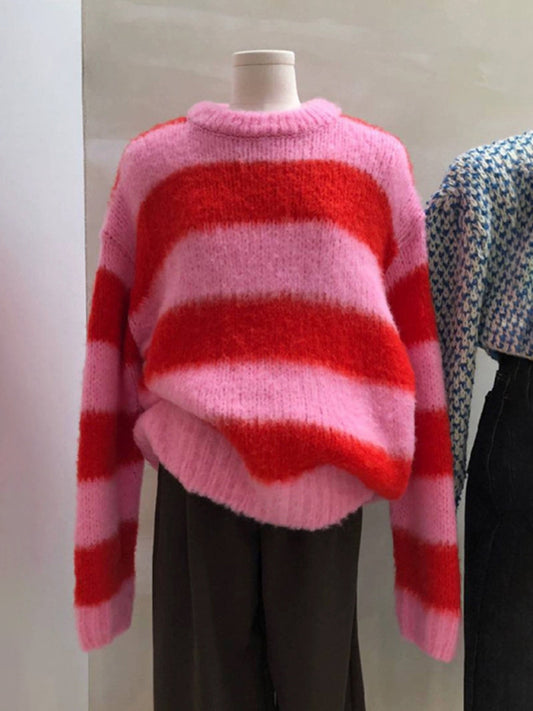 Women's color block striped crew neck warm pullover sweater