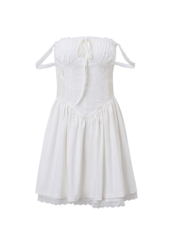Resort style French lace-up pleated dress