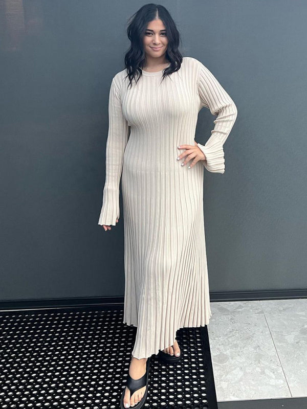 Knitted casual waist round neck large pit strip dress
