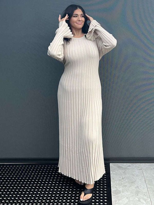 Knitted casual waist round neck large pit strip dress