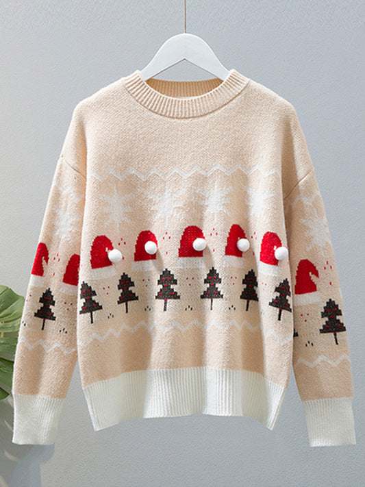 क्रिसमस प्यारा आलसी शैली ढीला कैज़ुअल गोल गर्दन स्वेटर लाल स्वेटर